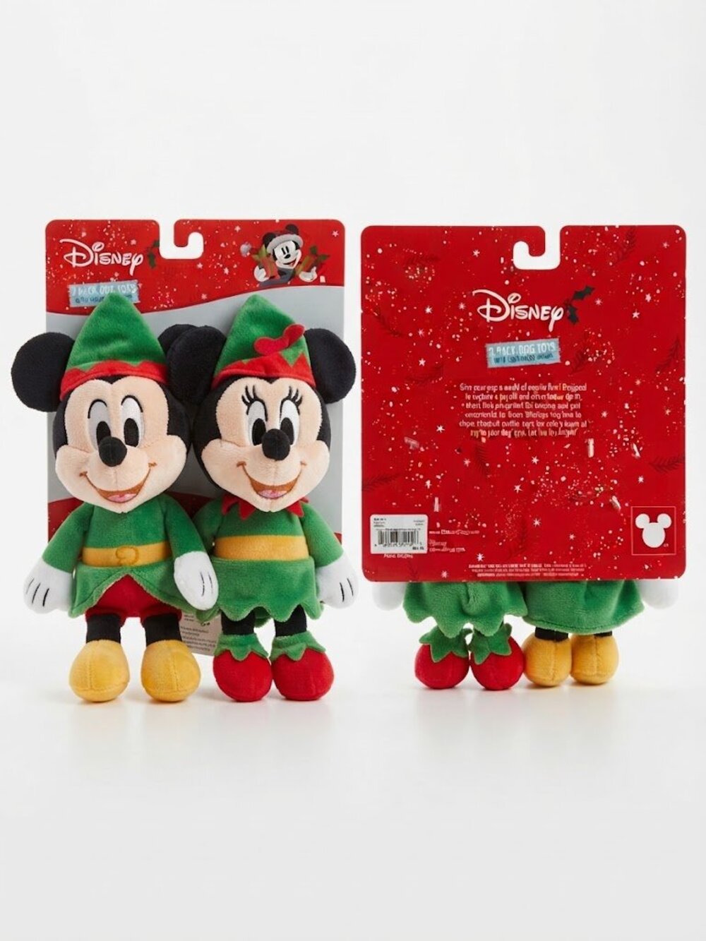 NWT Disney Mickey & Minnie Mouse Holiday Elf 2-Pack Dog Toy Plush Set Squeakers